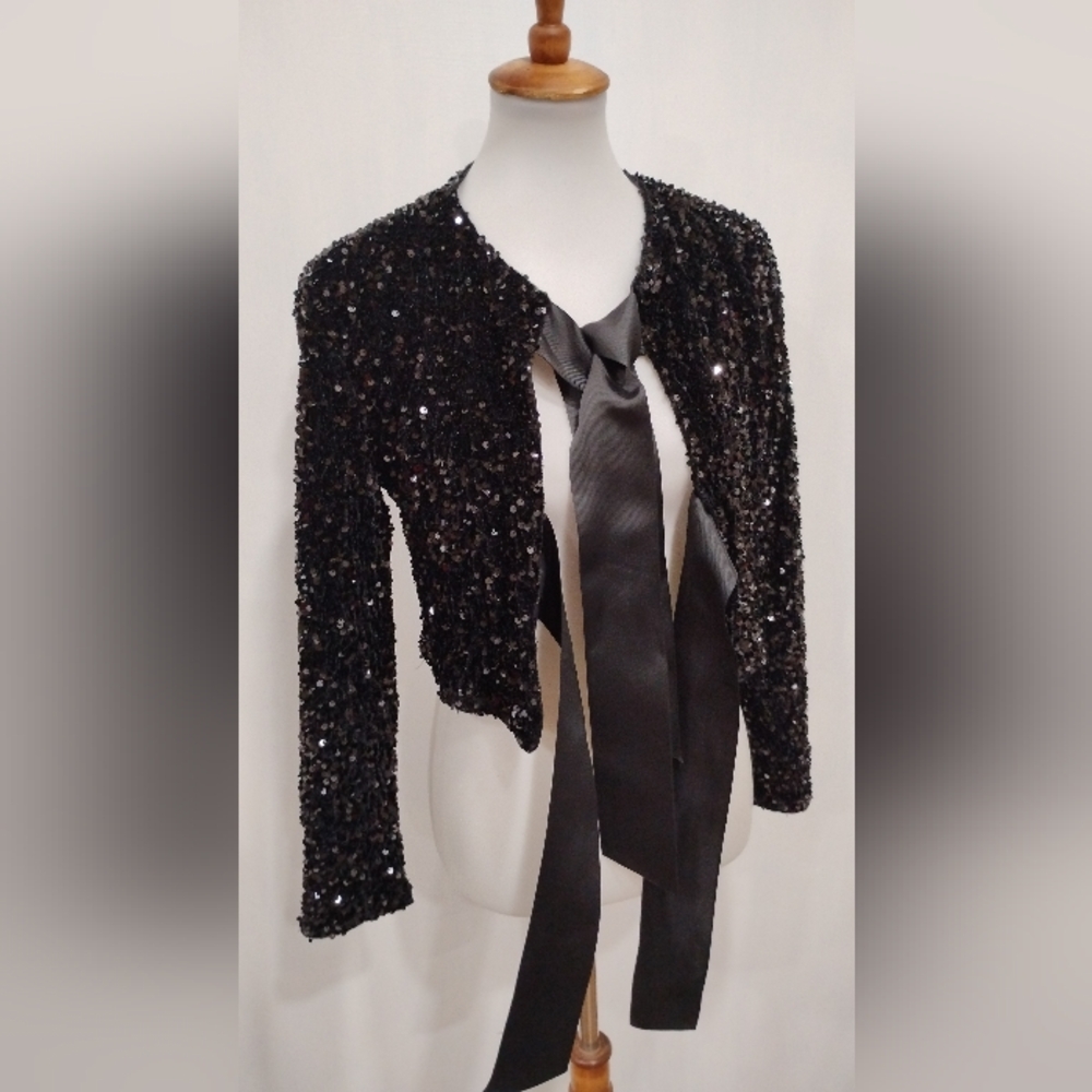 Soft Black Sequined Crop Jacket - image 8